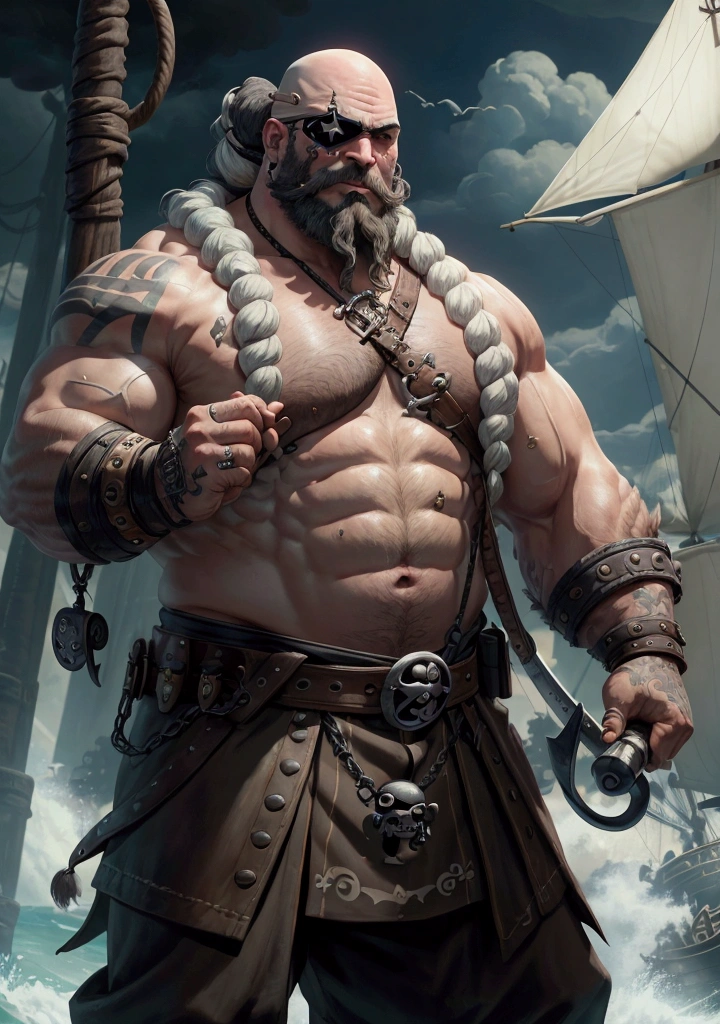 a big, bald, beefy man with eyepatch on right eye, with a hook on right hand, with a grey braided beard. PiratePunkAI