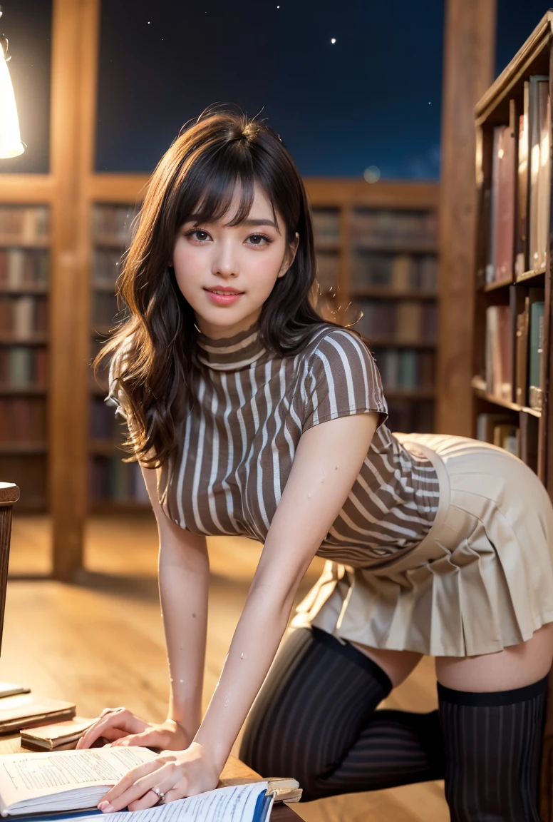 (((neat woman, perverted:1.9,hand on mouth,deep make up:1.8,touch own nipples over clothes:1.9,little pussy juice:1.9))),(((sitting on the desk,kind smile:1.8,blush:1.8,deep cheek:1.8))),please touch me,eat me,tempting viewer,i want you))),(((blush,blush,deep cheek,deep cheek)))),(cinematic lighting), (Photo real:1.4)、(A hyper-realistic:1.4)、(Photorealistic:1.3)、 (gentle lighting: 1.05)、(Improve the lighting quality of your video:0.9)、 32k、25years old woman、photorealistic lighting、Back lighting、Facial Lights、Ray Trace、(bright:1.2)、(Increase quality:1.4)、 (best quality real texture skin)、Fair eyes,delicate face、 Close-up of the face, ((((Wearing the tight black striped cotton t-shirts,high-neck,pleated beige skirt,high-heel:1.4))),(Bodyline mood improvement:1.1)、Glossy skin、good figure,perfect anatomy,Beautiful actress,(((beautiful huge soft breasts:1.8,huge breasts,slender waist,slender hip,long slender legs,8heads tall))),(((8heads tall))),(((brown wavy midium hair,bangs))),(((sweat skin,shiny skin,in the beautiful library,super clean night view,in the night))),