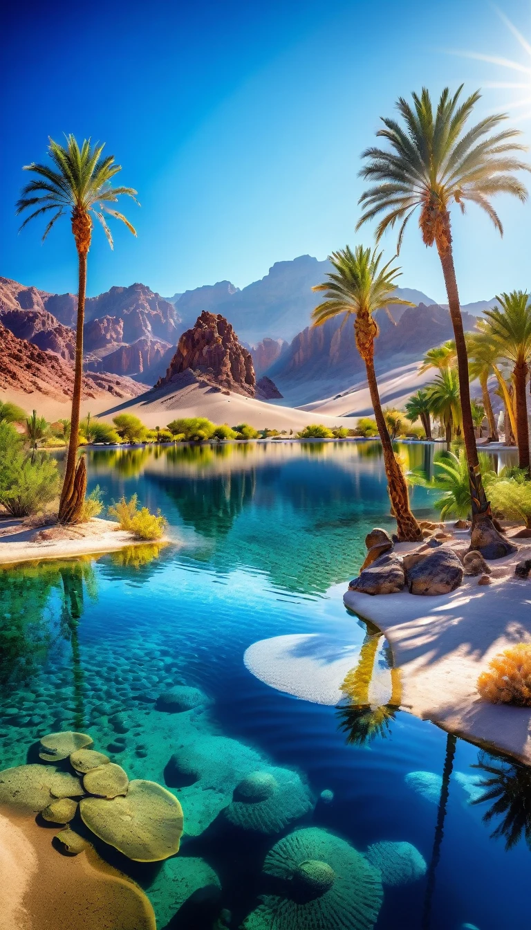 Masterpiece, Best quality, High quality, Extremely detailed Cg Unity 8K wallpaper, Charming and dreamy desert oasis scene, beautiful big blue lake as the focal point, glimmering water surface,with palm trees, The hidden fairytale valley creates a sense of mystery and charm, art stations, Intricate, Trendy, Award-winning photography, Bokeh, Depth of field, hdr, full bloom, color difference, Photorealistic, Extremely detailed,