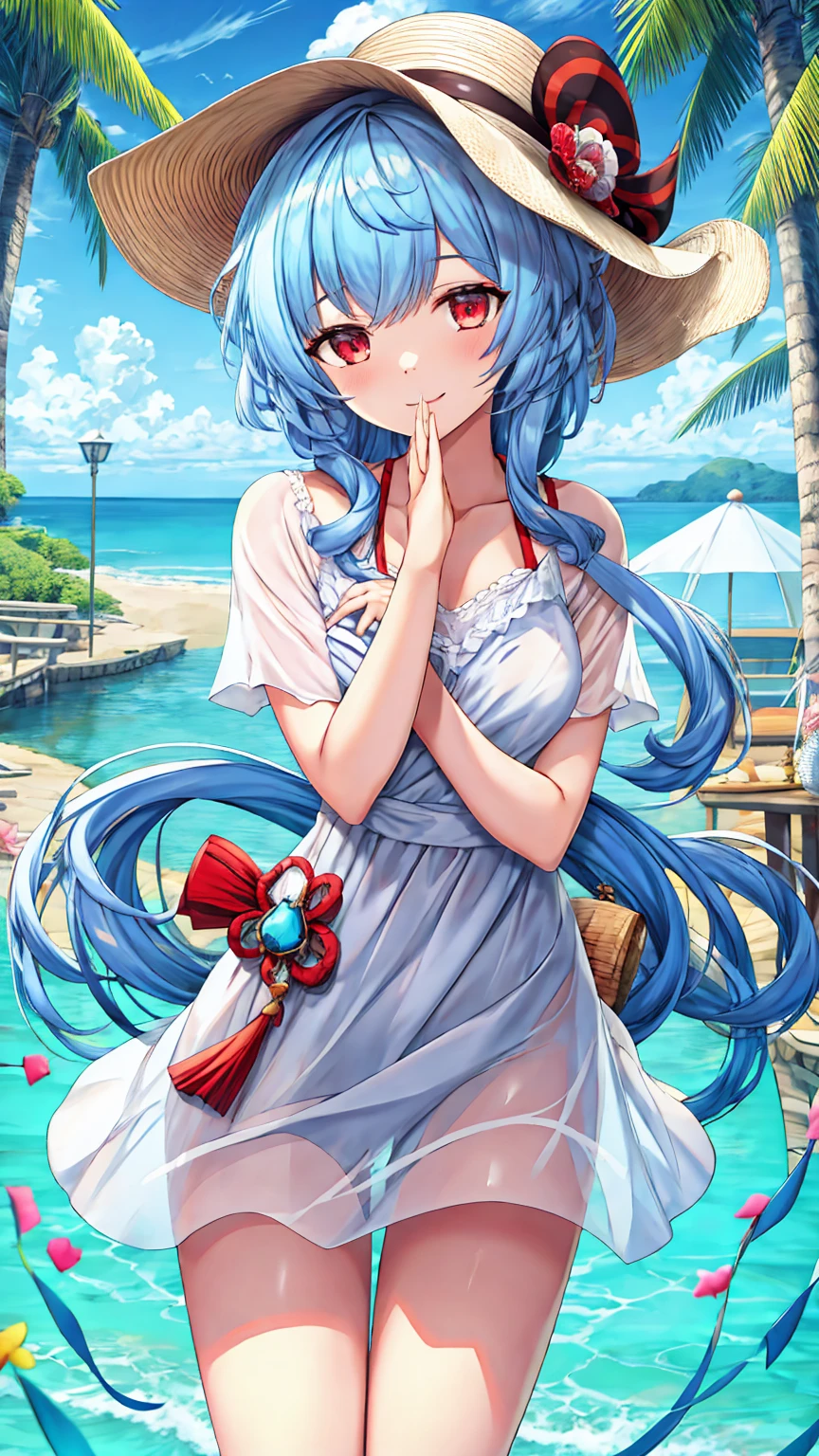 (Highest quality, masterpiece:1.4) , (Absurd:1.2), Complex, One girl, alone, Cinema Lighting, ganyu \(genshin impact\), Fairy, Pointed Ears, Blue Hair, length hair, Red eyes, bangs, lips, ocean returnground, sundress, Straw hat, arms_behind_return, smile, blush,Beach,barefoot, detailed returnground, Are standing, full_body, white_dress, length_dress, detailed clothing folds, transparent_clothing, SFW, see-through dress, See-through silhouette,(Moderate_chest:0.4), 日没 break looking at viewer, (Cowboy Shot:1.5), smile,下から構figure, Thighs, セクシー break (masterpiece:1.2), Highest quality, High resolution, unity 8k wallpaper, (figure:0.8), (美しいFine grain:1.6), Highly detailed face, Perfect lighting, Highly detailed CG, (Perfect hands, Perfect Anatomy) break ((masterpiece,Highest quality)), Super detailed, Shine, Shine光, Ray Tracing, (Perfect Face, Detailed face, Fine grain, Perfect hands, Perfect Fingers:1.5), HD, Super cute face, Highest quality, Super detailed break Shine目, (Highest qualityの写実的なイラスト), (Super fine), (Cute illustrations:1.3), (High chroma:1.3) break 詳細な美しい顔と目, Dynamic lighting, (Very delicate and beautiful) break (Nice hands), (Perfect hands:1.4), Highly detailed illustration, Super cute and beautiful, Highest quality, slender, ,Baby Face,