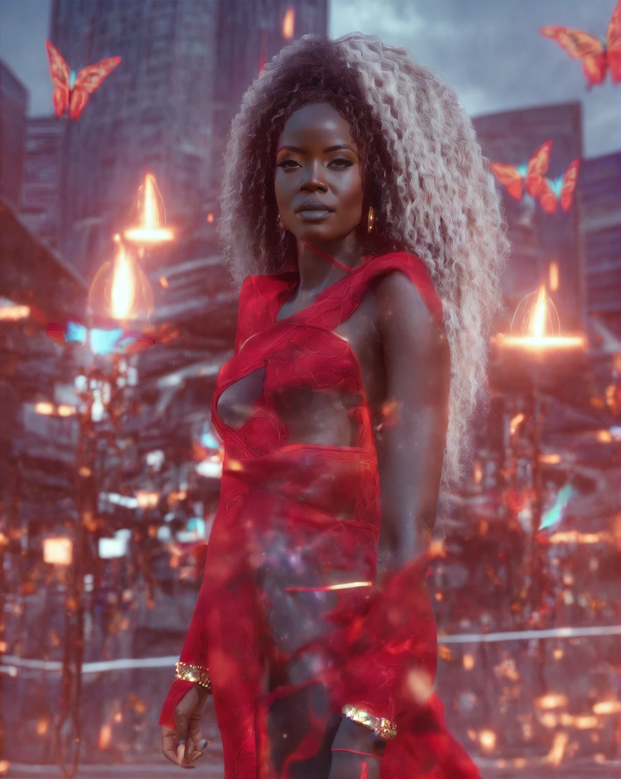 Afrofuturism, an beautiful african goddess wearing red luxury tribal african clothes, goddess of thunder, storm particles, thunder particles, butterfly flying, afrofuturism fashion, ultra quality, 8K, cinematic scene, photorealistic
