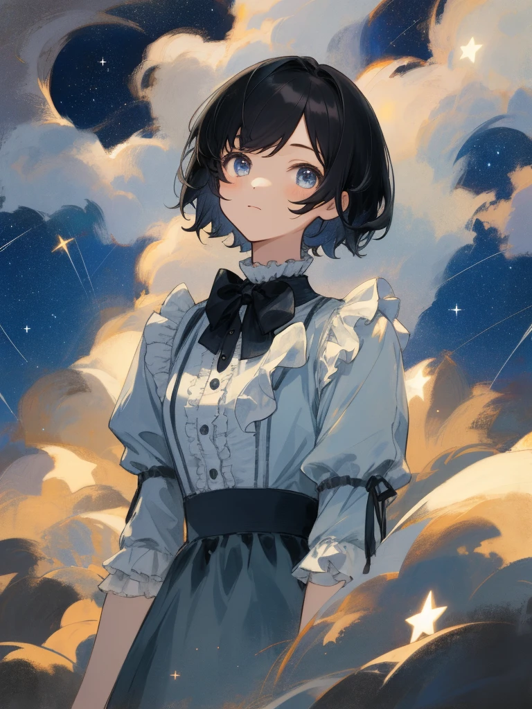 masterpiece, Highest quality, One Girl, Upper body, standing,, short hair, , Black-haired, Casual clothing, Frills, night、Look up at the stars、Starry Sky