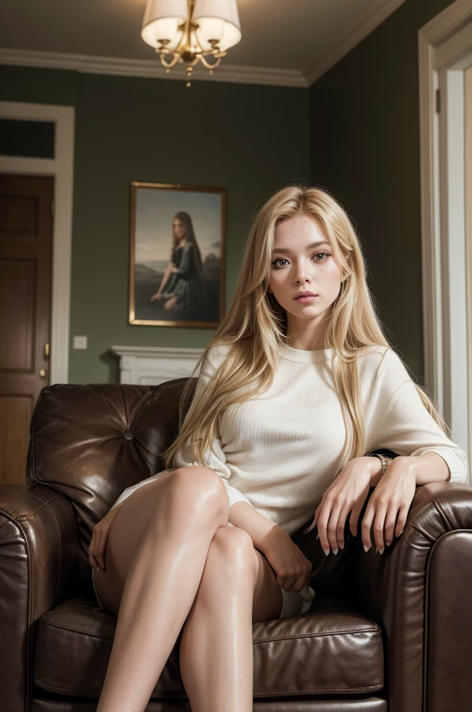 clearing! Here's an improved version of your prompt:
"Draw a girl with long blonde hair, new, sitting elegantly in a leather armchair in the living room. She is in a sophisticated pose, with legs slightly open, Exuding confidence and grace. One of your hands is lightly tugging at the shirt lying next to you., as she looks ahead with a serene and introspective expression. The room should be welcoming and well decorated, with details that enhance the comfortable and sophisticated environment, like soft lighting, elegant furniture and decorative touches that add charm to the setting."