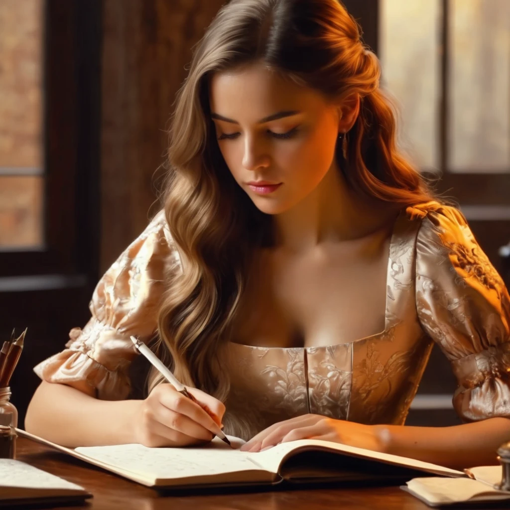 a beautiful girl writer, 1girl, writing, pen, notebook, ink, pensive expression, elegant dress, long hair, natural lighting, studio setting, photorealistic, oil painting, intricate details, warm color palette, dramatic lighting, (best quality,4k,8k,highres,masterpiece:1.2),ultra-detailed,(realistic,photorealistic,photo-realistic:1.37)