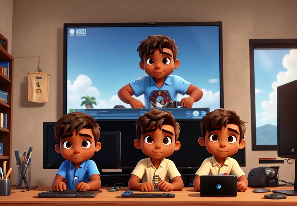 two brothers, 2 gamer kids, brown eyes and skin, slightly tanned skin, gamer,  brother and a bigger one, playing on the computer, slickedback hair 