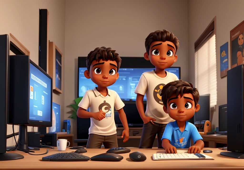 two brothers, 2 gamer kids, brown eyes and skin, slightly tanned skin, gamer,  brother and a bigger one, playing on the computer, slickedback hair 