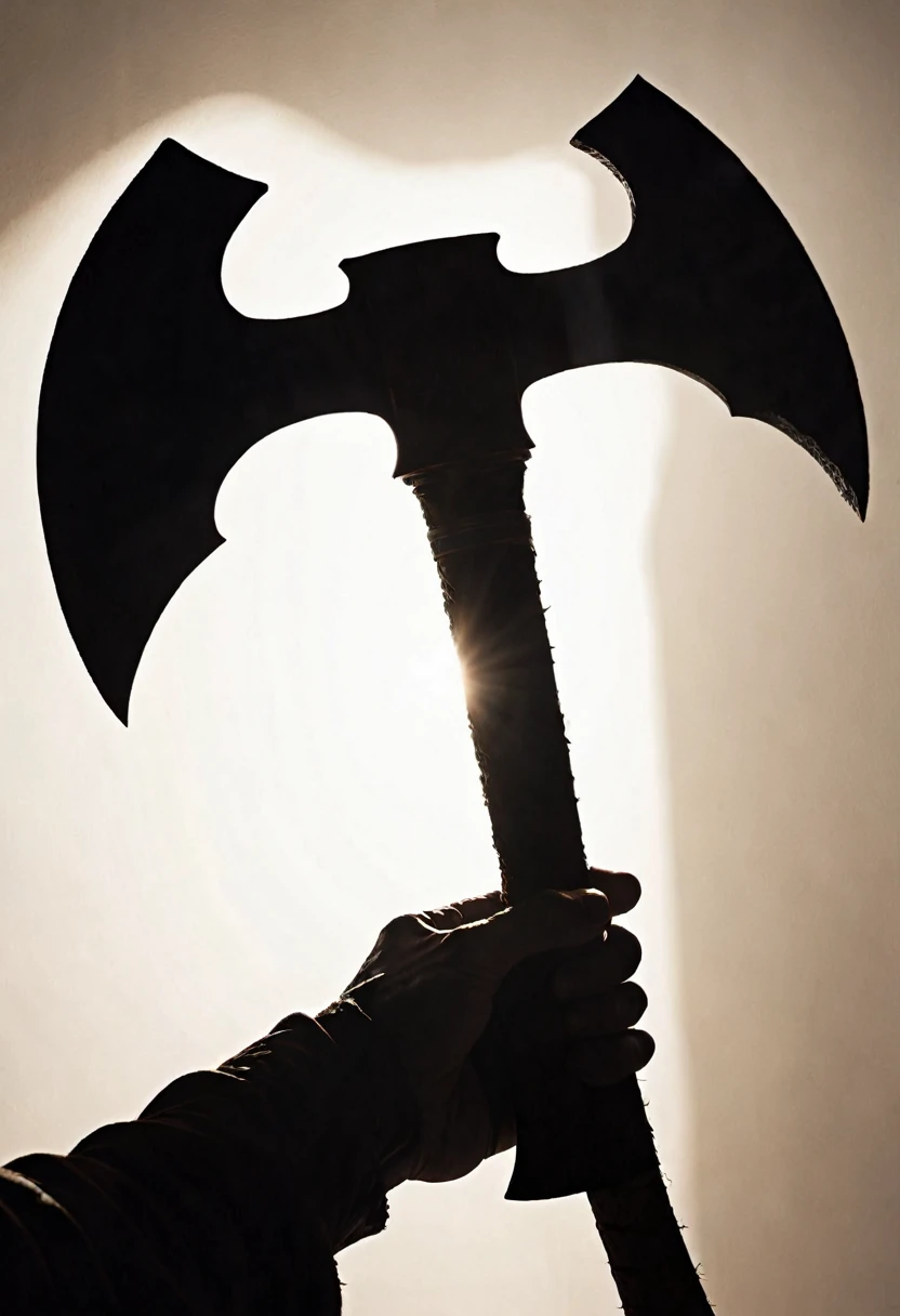 close-up image of a silhouette of (an ax) appearing (held in a hand, without the person being seen) with a white background light, marking its edges,, Dark fantasy style from the 70s, with intense German-style romantic painting. Shadows and spectacular lighting.