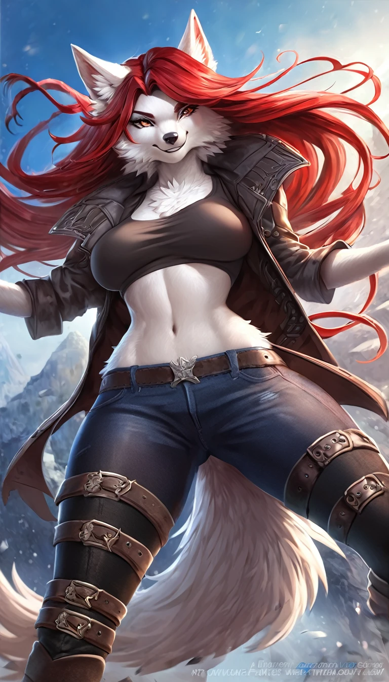 anime fantasy anthro style, a beautiful adventurer, (wolf with white fur), ((long red hair with black highlights)), open jacket over a loose t-shirt, short jeans shots, ripped tights, boots, hourglass body, mature beauty, (((posing))), confident smile. Highly detailed, fantastic action scene
