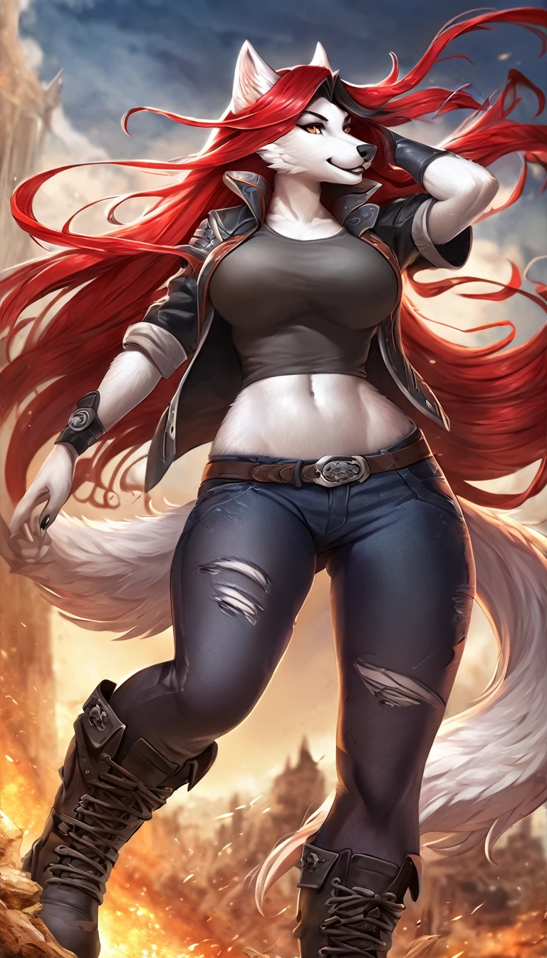 anime fantasy anthro style, a beautiful adventurer, (wolf with white fur), ((long red hair with black highlights)), open jacket over a loose t-shirt, short jeans shots, ripped tights, boots, hourglass body, mature beauty, (((posing))), confident smile. Highly detailed, fantastic action scene
