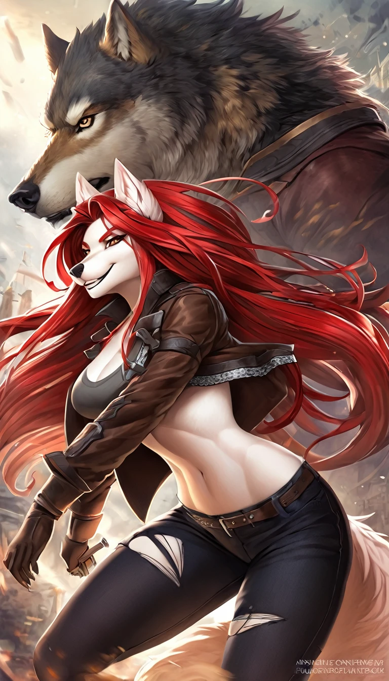 anime fantasy anthro style, a beautiful adventurer, (wolf with white fur), ((long red hair with black highlights)), open jacket over a loose t-shirt, short jeans shots, ripped tights, boots, hourglass body, mature beauty, (((posing))), confident smile. Highly detailed, fantastic action scene
