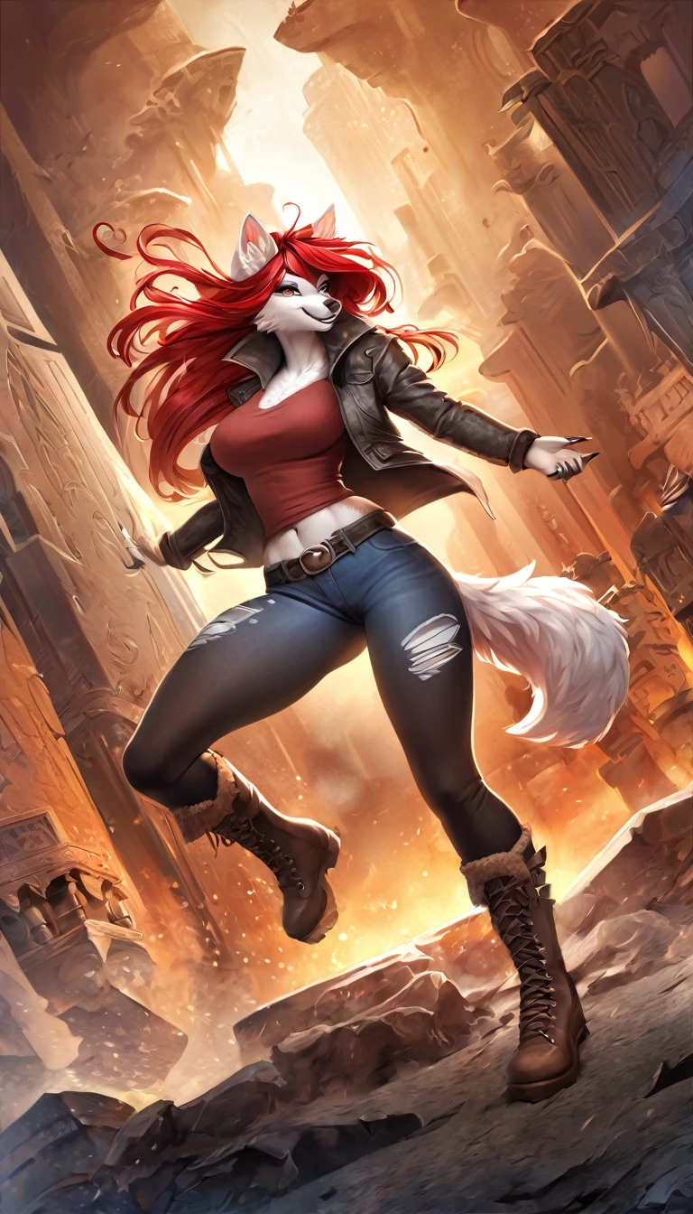 anime fantasy anthro style, a beautiful adventurer, (wolf with white fur), ((long red hair with black highlights)), open jacket over a loose t-shirt, short jeans shots, ripped tights, boots, hourglass body, mature beauty, (((posing))), confident smile. Highly detailed, fantastic action scene
