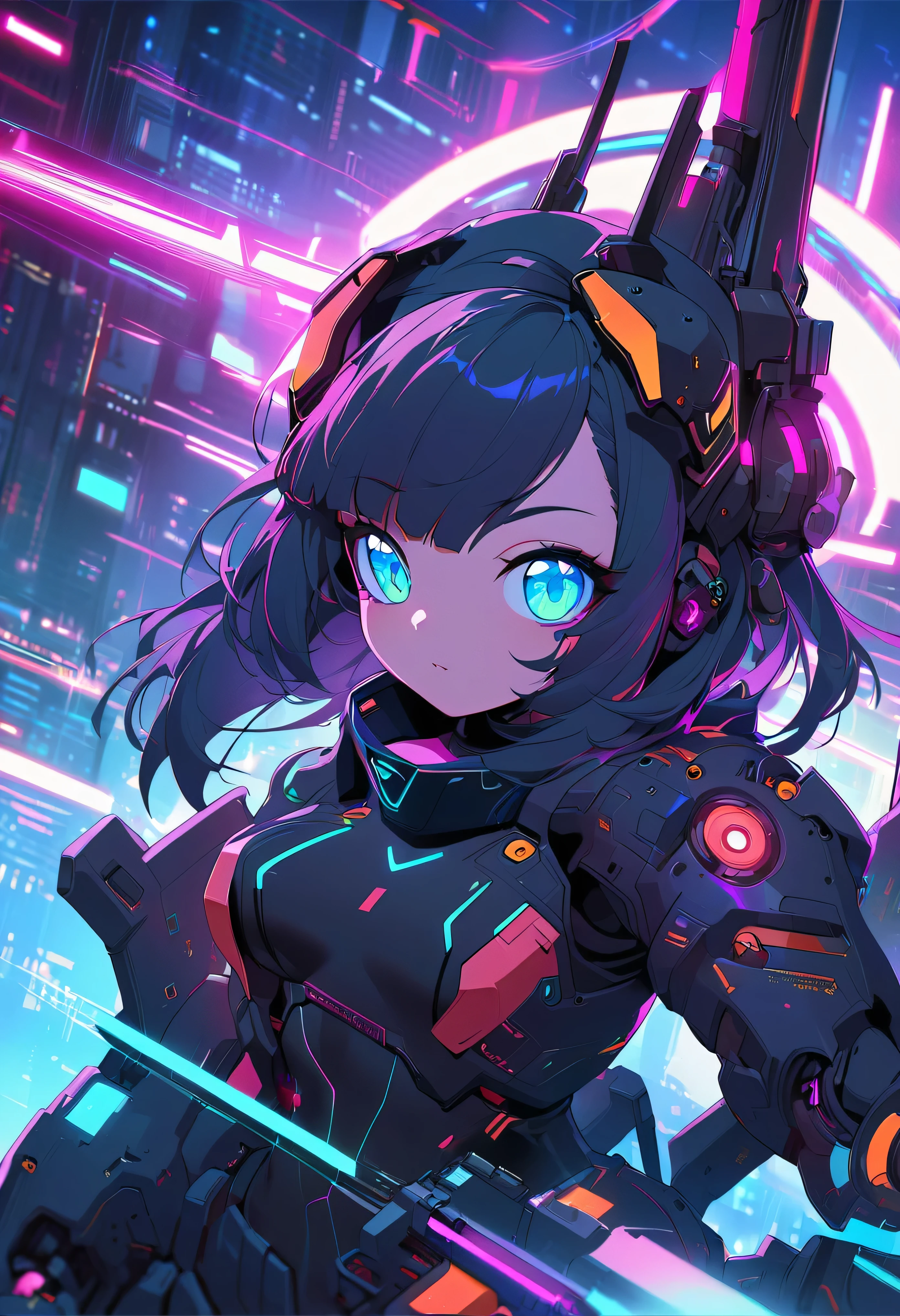 Anime girl with dark blue hair and a futuristic helmet with lasers, Cyberpunk art inspired by Yanjun Chen, pixiv Contest Winner, Digital Art, Cyberpunk Anime Girl mech, digital Cyberpunk anime art, anime cyberpunk art, Digital Cyberpunk - Anime Art, Cyberpunk Anime Girl, Cyberpunk anime art, female Cyberpunk Anime Girl, Cyberpunk art style, cute Cyborg Girl, Cyborg Girl