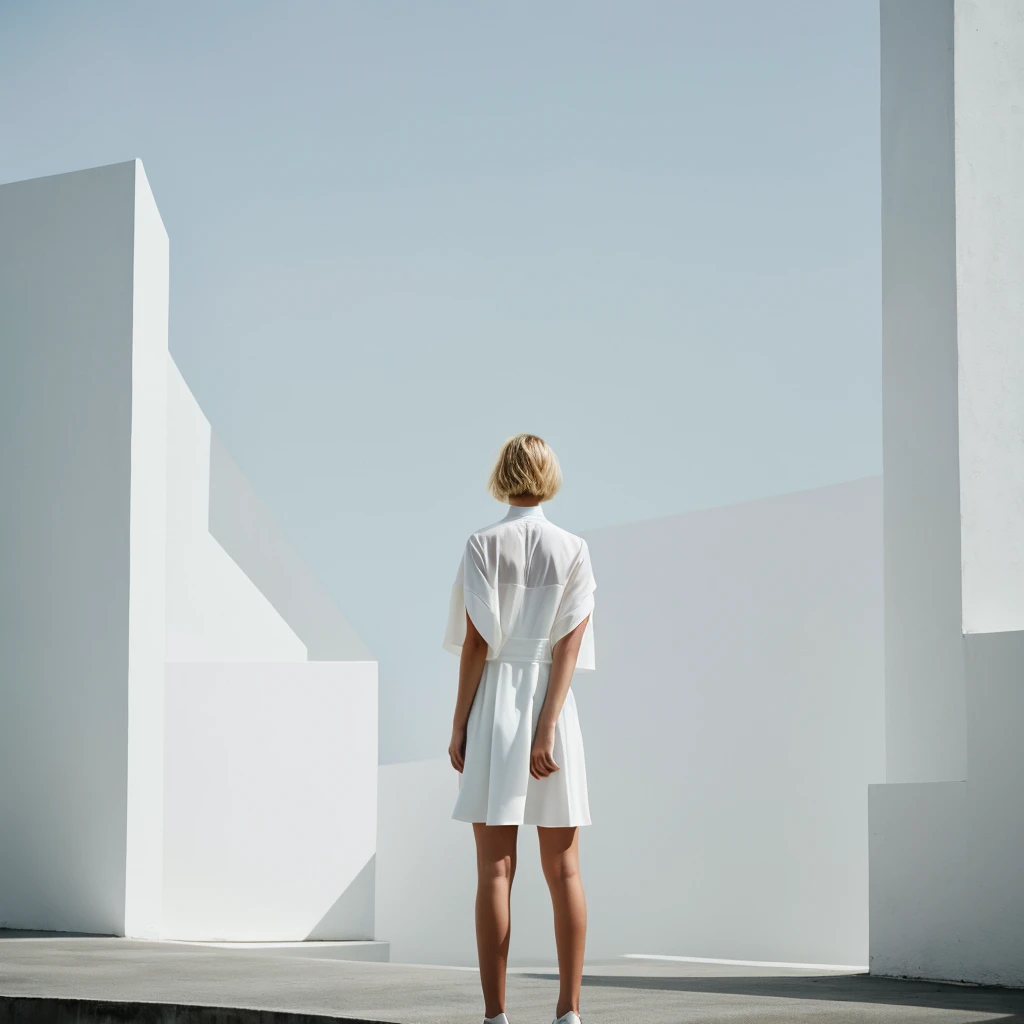 no face visible short blonde hair women stands back the background of a minimalist beautiful white architecture