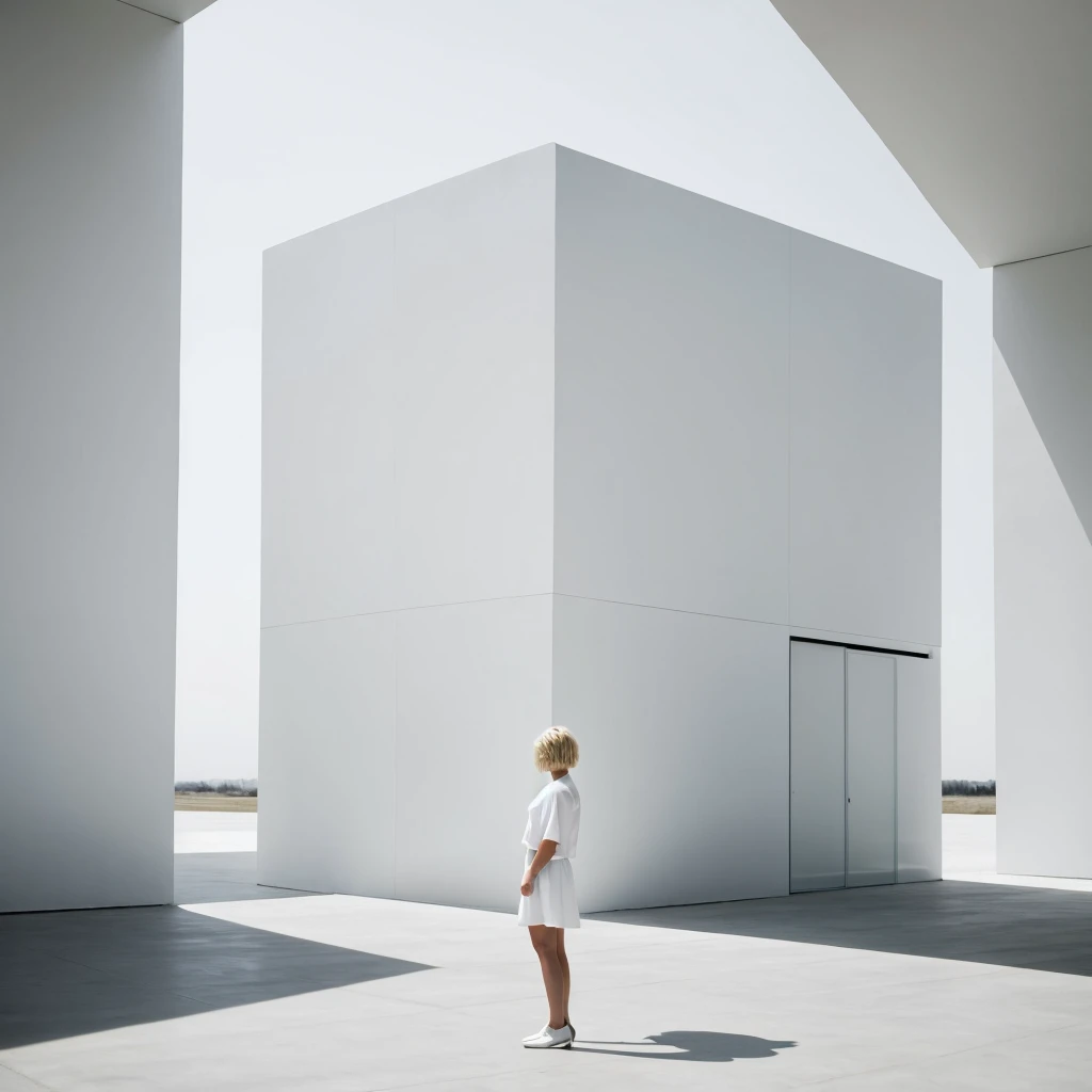  no face visible short blonde hair women stands back the background of a minimalist beautiful white architecture 