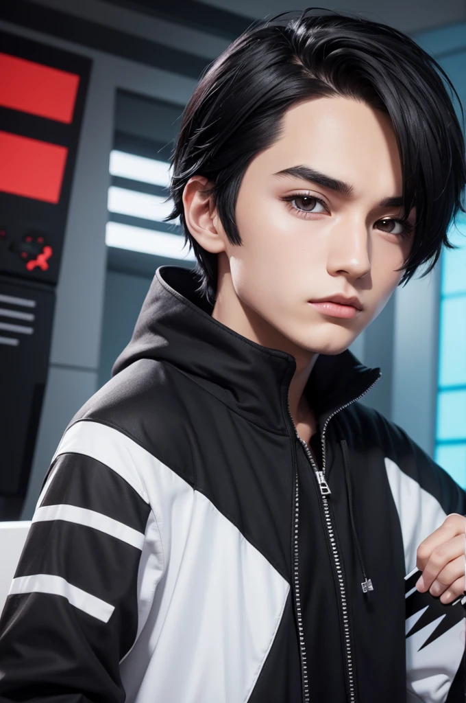 Create a roblox style boy with black hair, holding a video game