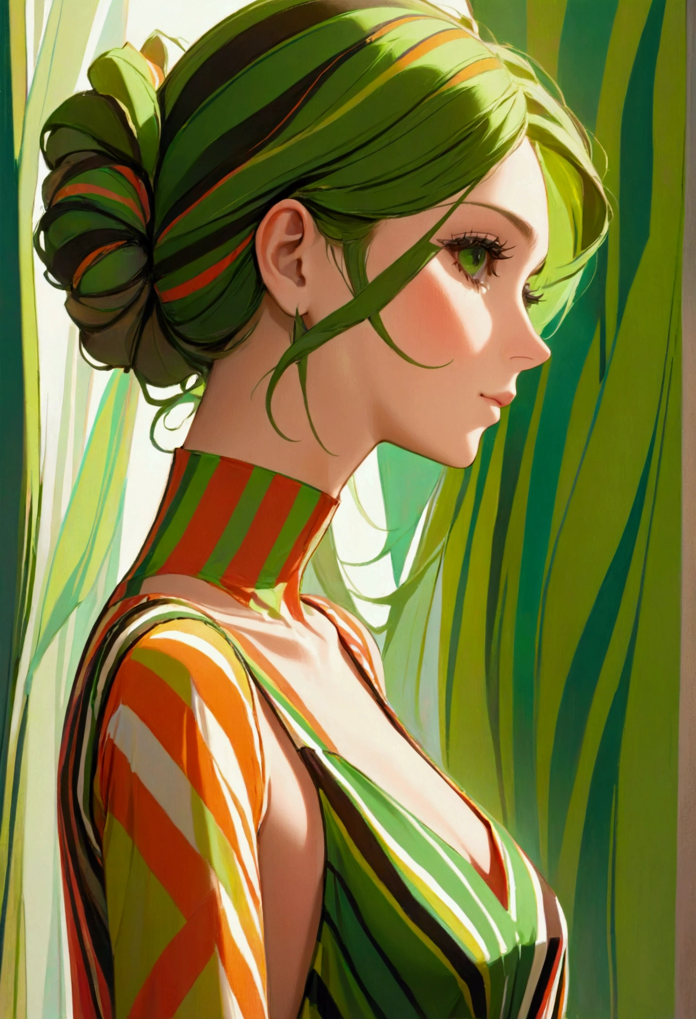 a woman in a striped dress poses for a picture, full body green dress, female figure in maxi dress, side view, multi - coloured, long dress, full length view, striped, long dress female, full body profile, high resolution details, wearing a long dress, full body image, above side view, full body view, ( side ) profil