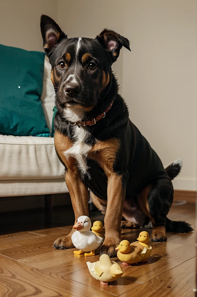 dog puppy loves to play with a toy duck
