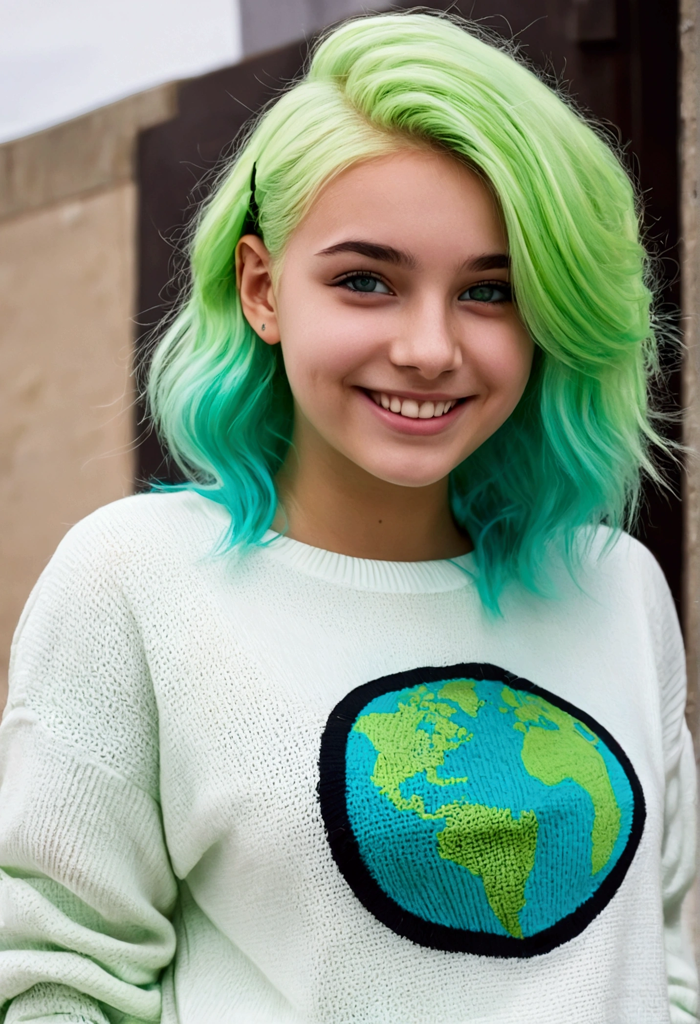 an 18 year old girl, lime green hair, light green skin, turquoise eyes, cute clothes, SMILE, a white shirt, small planet print sweater, black pantaloon. 