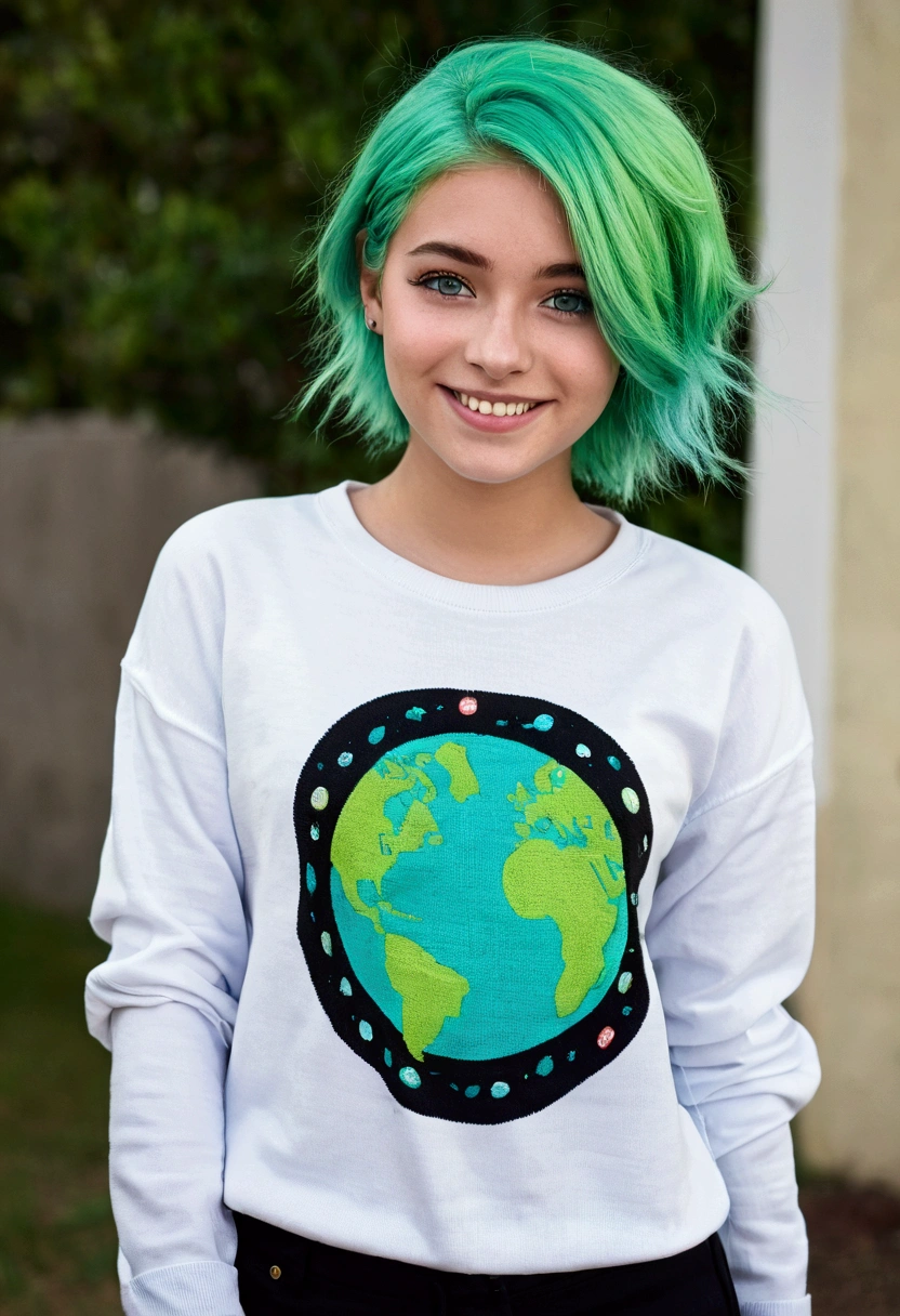 an 18 year old girl, lime green hair, light green skin, turquoise eyes, cute clothes, SMILE, a white shirt, small planet print sweater, black pantaloon. 