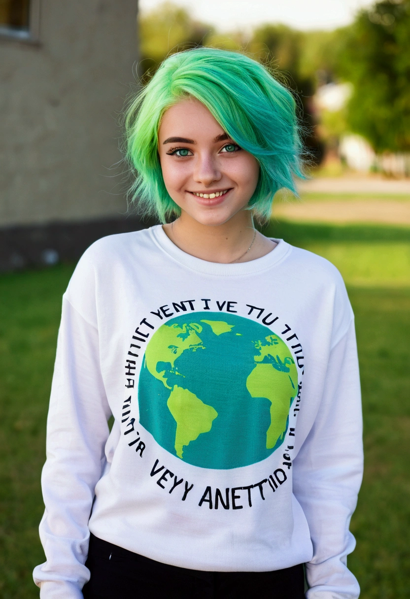 an 18 year old girl, lime green hair, light green skin, turquoise eyes, cute clothes, SMILE, a white shirt, small planet print sweater, black pantaloon.