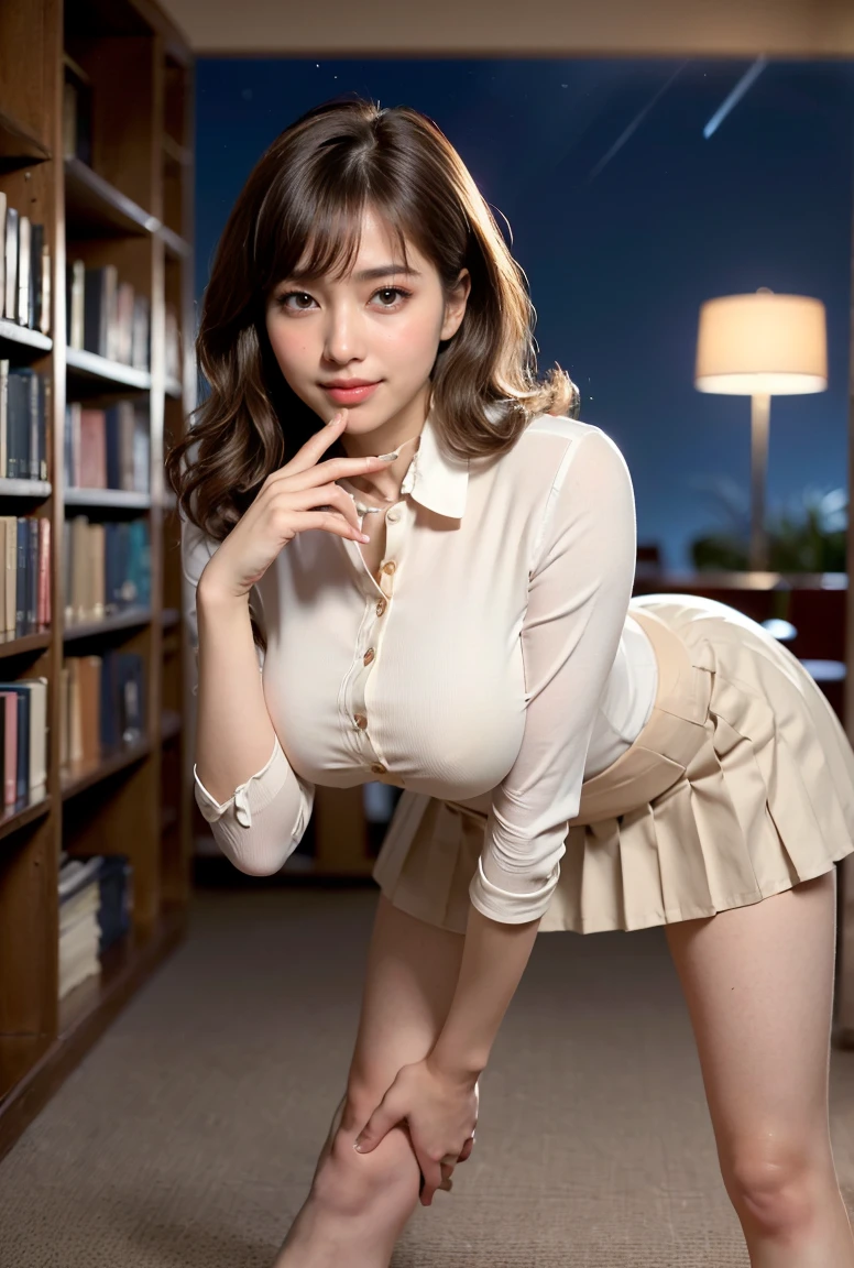 (((neat woman, perverted:1.9,hand on mouth,deep make up:1.8,touch own nipples over clothes:1.9,little pussy juice:1.9))),(((leaning forward,from below,huge breasts:1.8,kind smile:1.8,blush:1.8,deep cheek:1.8))),please touch me,eat me,tempting viewer,i want you))),(((blush,blush,deep cheek,deep cheek)))),(cinematic lighting), (Photo real:1.4)、(A hyper-realistic:1.4)、(Photorealistic:1.3)、 (gentle lighting: 1.05)、(Improve the lighting quality of your video:0.9)、 32k、25years old woman、photorealistic lighting、Back lighting、Facial Lights、Ray Trace、(bright:1.2)、(Increase quality:1.4)、 (best quality real texture skin)、Fair eyes,delicate face、 Close-up of the face, ((((Wearing the tight white collared-shirts,high-neck,pleated beige skirt,high-heel:1.4))),(Bodyline mood improvement:1.1)、Glossy skin、good figure,perfect anatomy,Beautiful actress,(((beautiful huge soft breasts:1.8,huge breasts,slender waist,slender hip,long slender legs,8heads tall))),(((8heads tall))),(((brown wavy midium hair,bangs))),(((sweat skin,shiny skin,in the beautiful library,super clean night view,in the night))),