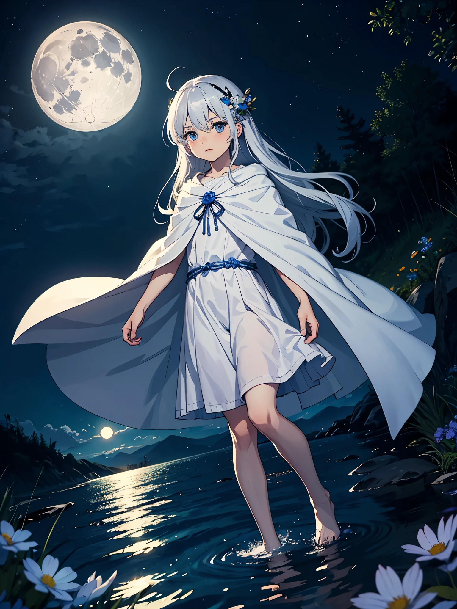 Göttliches Kind. kid. cutie pie. Younger. More anime. male. Light Blue flowers. Long hair. long white hair. aquatic, boy, God of the Moon, silver hair accessories, White hair, White dress, cape, at night.