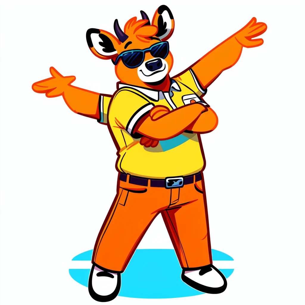 
Just Dance，Wear a shirt、Wearing sunglasses、Cartoon cow with crossed arms, Full body mascot, ( cow wearing sunglasses, dancing character, Created using Adobe Illustrator, Teddy Fresh, Orange body, Created using Adobe Illustrator, Cartoon shading:15, Official Art, Merge roles, an anthropomorphic deer, Official illustrations, Full body clothing, Low resolution, posture