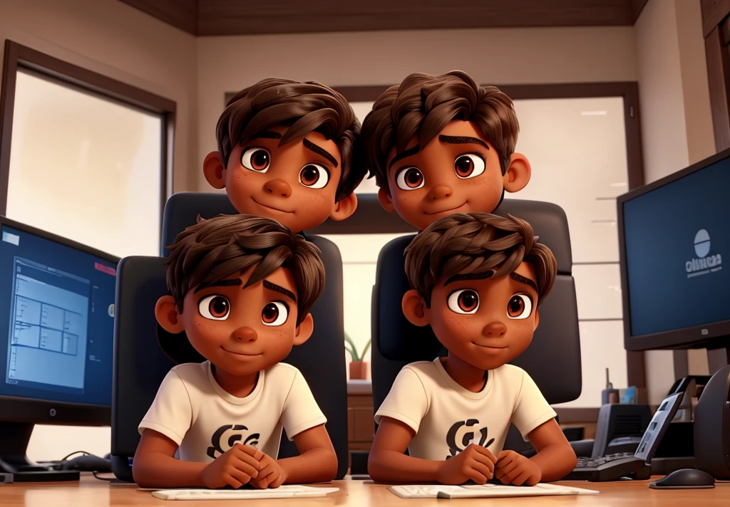 two brothers, brown eyes and skin, slightly tanned skin, gamer,  brother and a bigger one, playing on the computer, slickedback hair 