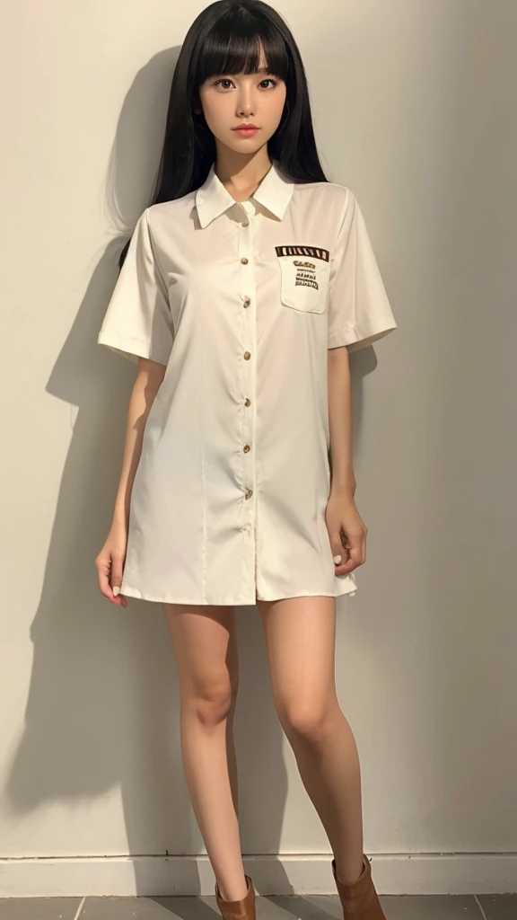 A woman,black big straight hair with big bangs,full body shot,front view,white wall background,full body shot ,whole body shot, mods fashonaccessories,brown shirts,photo realistic,summer