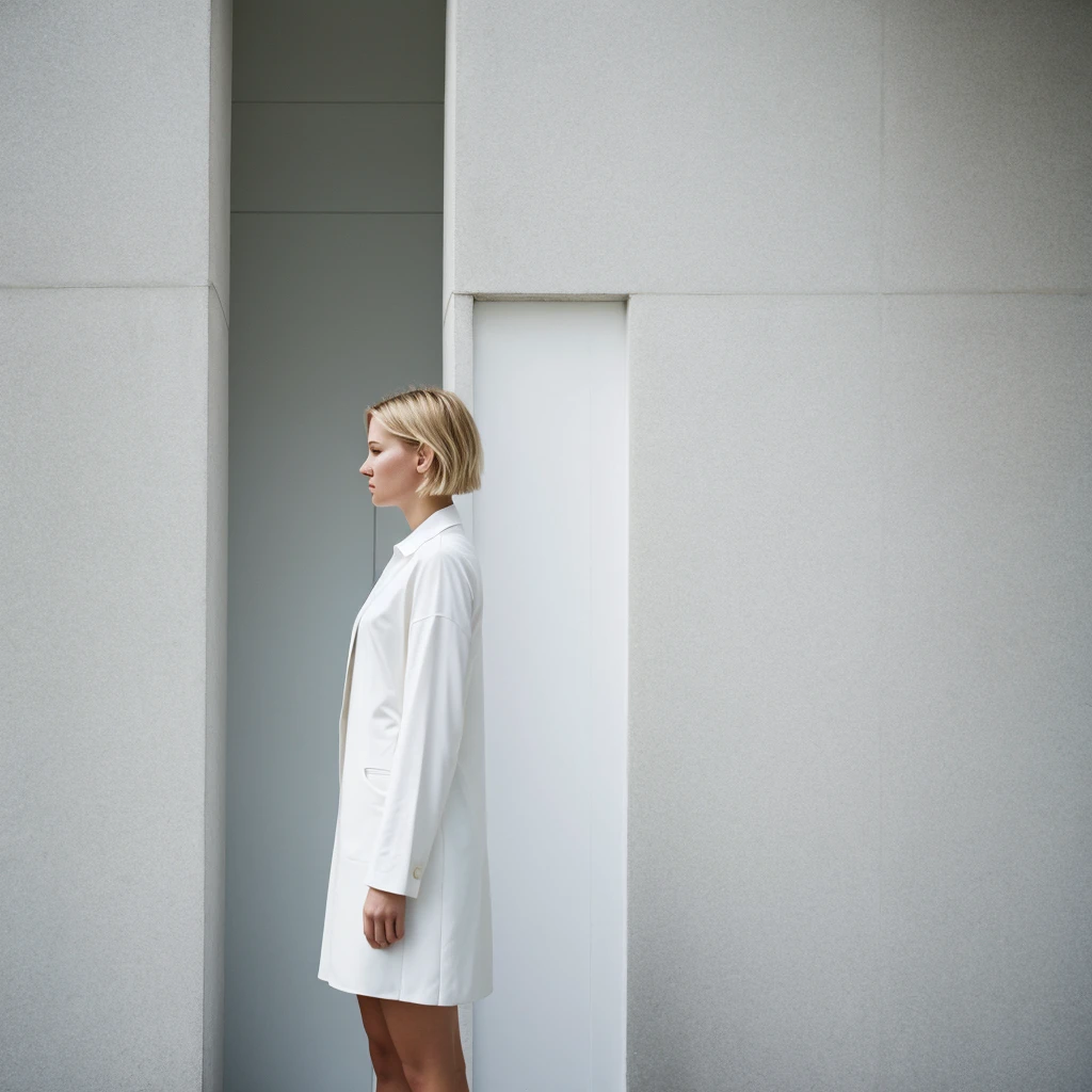 no face visible short blonde hair women stands back the background of a minimalist beautiful white architecture