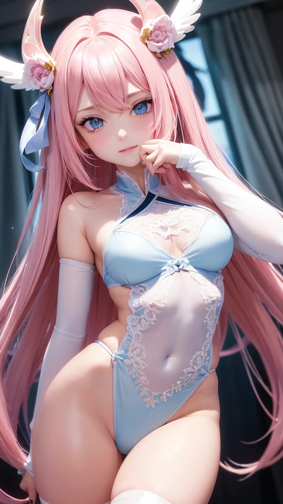 feminine,Caucasian skin,blushed face,light pink long hair,blue colored eyes,wearing ninja cosplay, lace mask