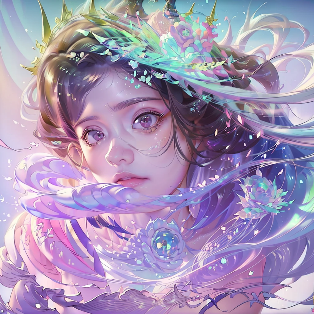 ((pastel model+ lines mix)) ((Model Kenshi))((modelo snapdd00)) face portrait ((size 1:1)), 20 year old adult woman, long and curly white loose hair, pale skin and pink eyes, wearing a beautiful and very feminine dress ((extremely detailed)) ((Eye- LoRa)) ((Style LoRa from Horse))