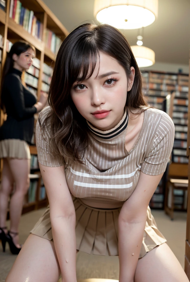 (((neat woman, perverted:1.9,hand on mouth,deep make up:1.8,touch own nipples over clothes:1.9,little pussy juice:1.9))),(((sitting on the desk,kind smile:1.8,blush:1.8,deep cheek:1.8))),please touch me,eat me,tempting viewer,i want you))),(((blush,blush,deep cheek,deep cheek)))),(cinematic lighting), (Photo real:1.4)、(A hyper-realistic:1.4)、(Photorealistic:1.3)、 (gentle lighting: 1.05)、(Improve the lighting quality of your video:0.9)、 32k、25years old woman、photorealistic lighting、Back lighting、Facial Lights、Ray Trace、(bright:1.2)、(Increase quality:1.4)、 (best quality real texture skin)、Fair eyes,delicate face、 Close-up of the face, ((((Wearing the tight black striped cotton t-shirts,high-neck,pleated beige skirt,high-heel:1.4))),(Bodyline mood improvement:1.1)、Glossy skin、good figure,perfect anatomy,Beautiful actress,(((beautiful huge soft breasts:1.8,huge breasts,slender waist,slender hip,long slender legs,8heads tall))),(((8heads tall))),(((brown wavy midium hair,bangs))),(((sweat skin,shiny skin,in the beautiful library,super clean night view,in the night))),