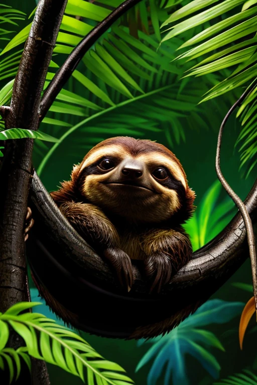 HD, glossy finish, creature combining a sloth and a chipmunk in a trippy jungle setting with black sky, style of artist Jim Pollock