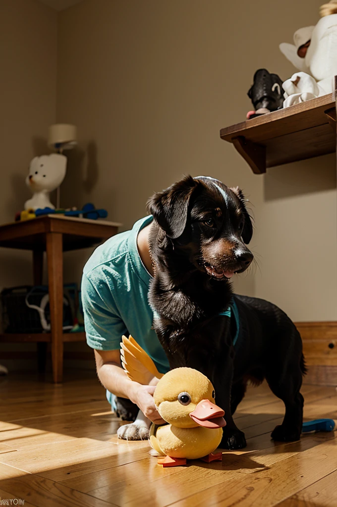 dog puppy loves to play with a toy duck, in the style of fantasy