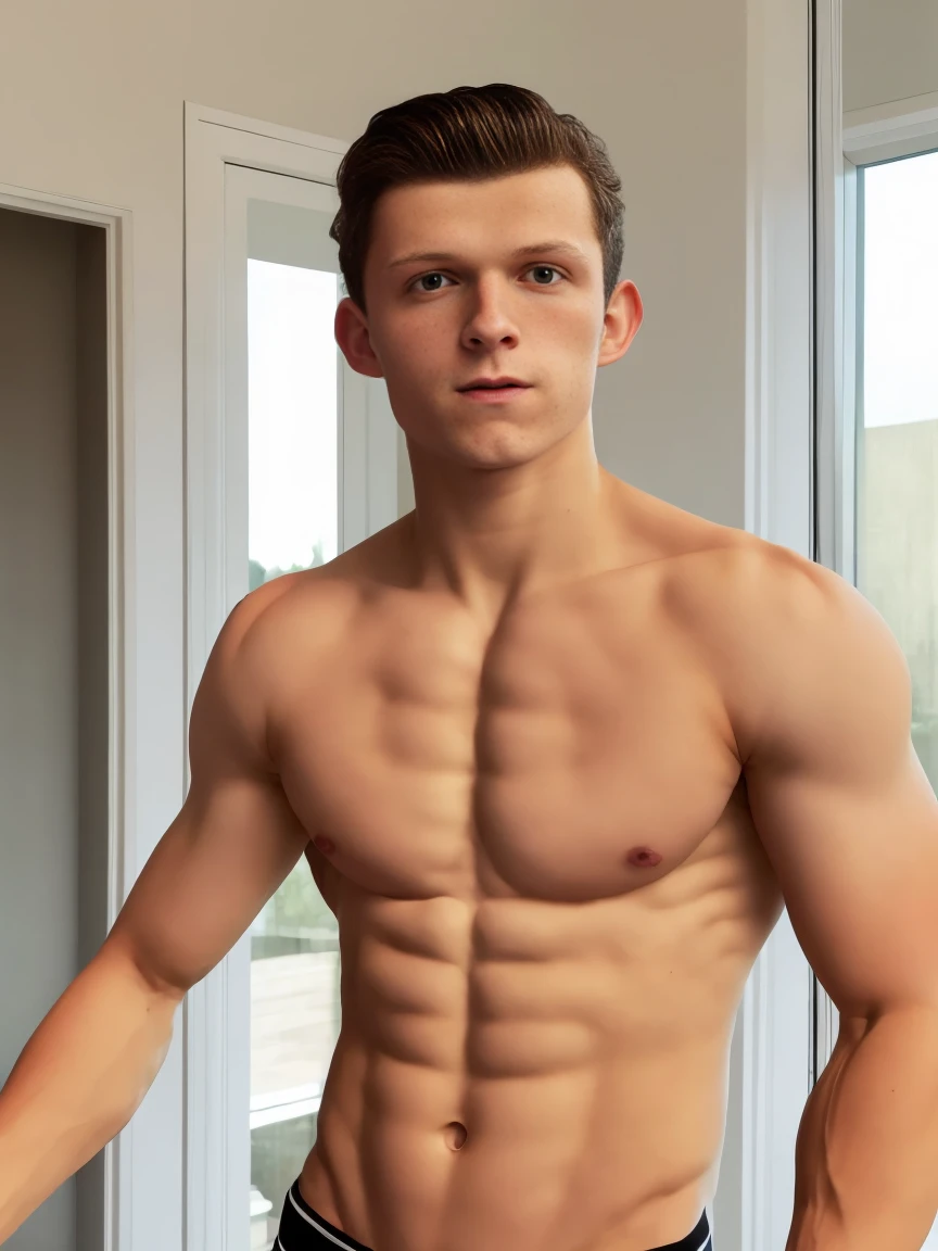 (best quality,4k,8k,highres,masterpiece:1.2),ultra-detailed,(realistic,photorealistic,photo-realistic:1.37),1 male model,albino skin color,his fase is hairless without beard,serious fase, Slim muscular build, model is , thick and strong biceps,the model wears White shorts,the model is a teenager, his thin but defined, full torso photo, abdomen with defined muscles.