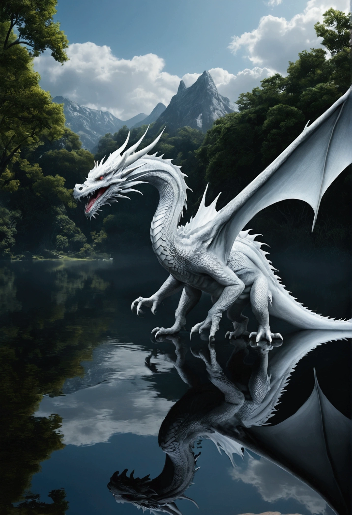 Masterpiece,4k realism, ((((1white dragon, lake and water, Best quality, Masterpiece, Ultra-high resolution, (photograph realistic:1.4), surrealism, Dream-like,fusionart, Shadowdancer, shadow magic, darkness control, stealth, shadowstep, umbral spells, hidden blade,,)),,), digital art, hyper-realistic 8K