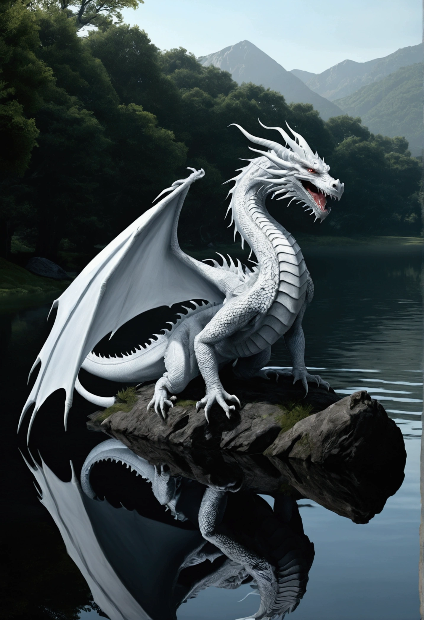 Masterpiece,4k realism, ((((1white dragon, lake and water, Best quality, Masterpiece, Ultra-high resolution, (photograph realistic:1.4), surrealism, Dream-like,fusionart, Shadowdancer, shadow magic, darkness control, stealth, shadowstep, umbral spells, hidden blade,,)),,), digital art, hyper-realistic 8K