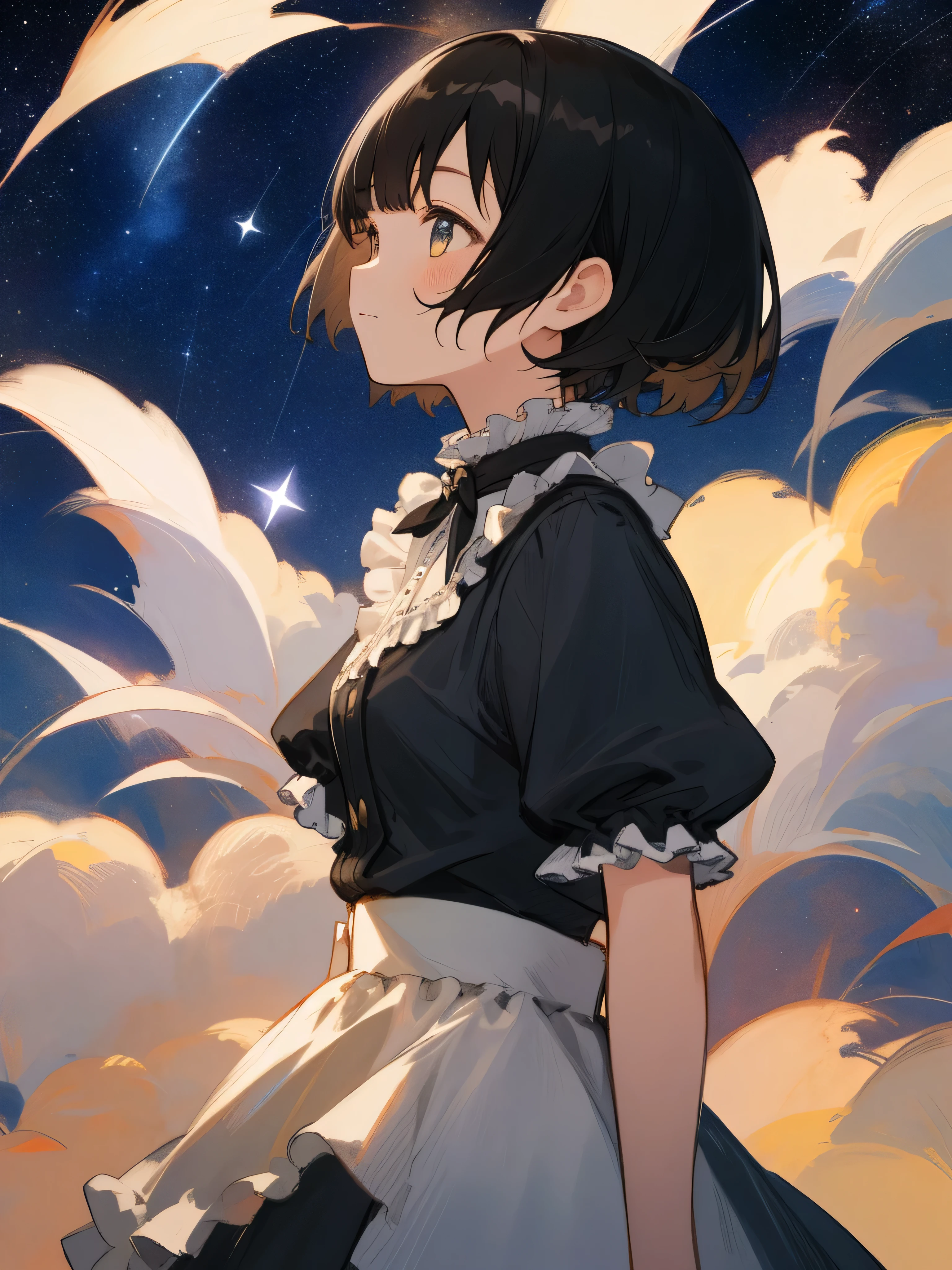 masterpiece, Highest quality, One Girl, Upper body, standing,, short hair, , Black-haired, Casual clothing, Frills, night、Look up at the stars、Starry Sky