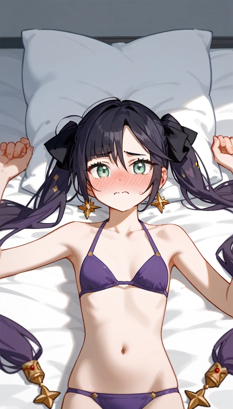 masterpiece,Ultra HD,score_4_onBREAK source_anime,可愛いanimeイラスト, One Girl, alone, Mona XL, Long black hair, Green Eyes, tsurime, Twin tails, Medium Chest, View your audience,Embarrassed,Bed,Lying down,Purple Bikini,nsfw,Half-naked,