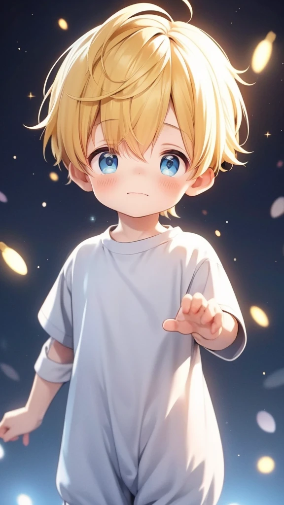 cute little boy with yellow hair standing cute and small he is wearing a cute outfit and behind the backdrop there are beautiful floating shining stars he is a little sad