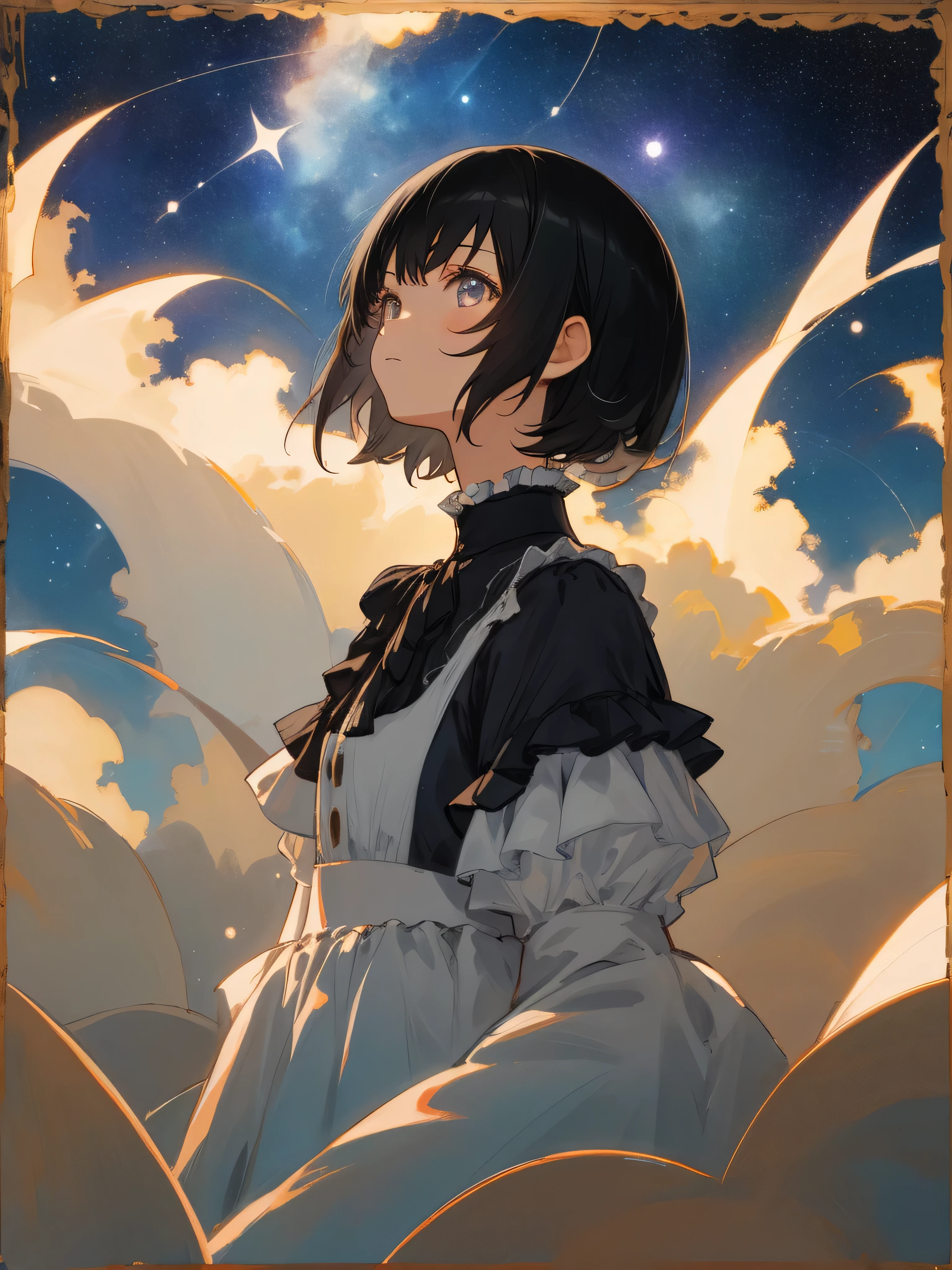 masterpiece, Highest quality, One Girl, Upper body, standing,, short hair, , Black-haired, Casual clothing, Frills, night、Look up at the stars、Starry Sky