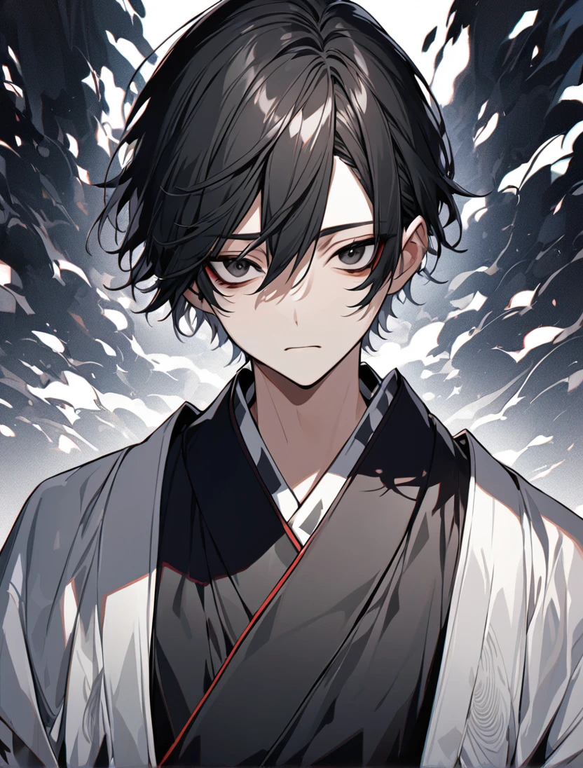 (black_hair), (short_hair), (deep_black_eyes), (high_detailed_eyes), (attractive), (emotionless), (male), (wearing _a_Unique_kimono), (detailed_Hair), (detailed), (detailed_mouth), (Teenager), (dark_under_eyes)