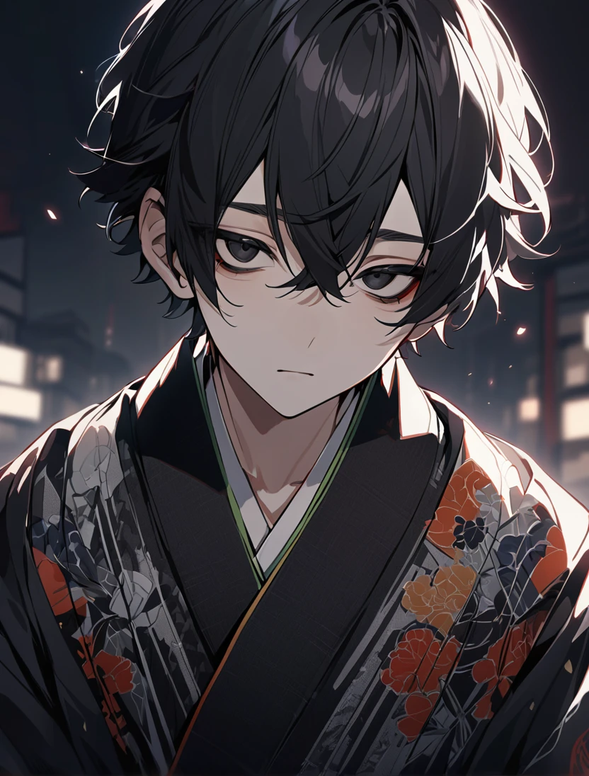 (black_hair), (short_hair), (deep_black_eyes), (high_detailed_eyes), (attractive), (emotionless), (male), (wearing _a_Unique_kimono), (detailed_Hair), (detailed), (detailed_mouth), (Teenager), (dark_under_eyes)