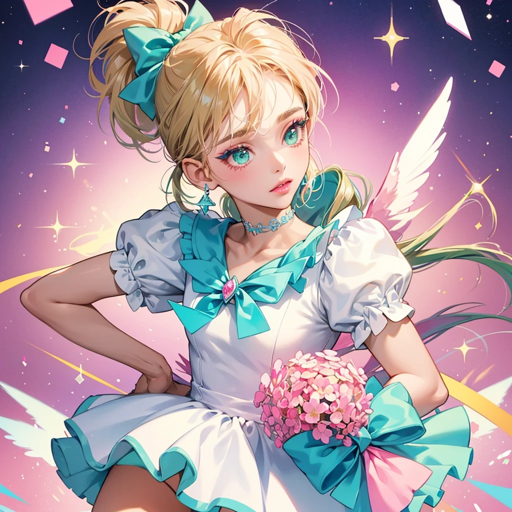 Cheer Diva has tan/medium skin-tone with green eyes and mel hair tied into a ponytail with a blue and pink bow to accessorize. Her makeup consists of white graphic eyeliner and pink lipstick. SPARKLE; GLITTER estilo.Sakura card captor