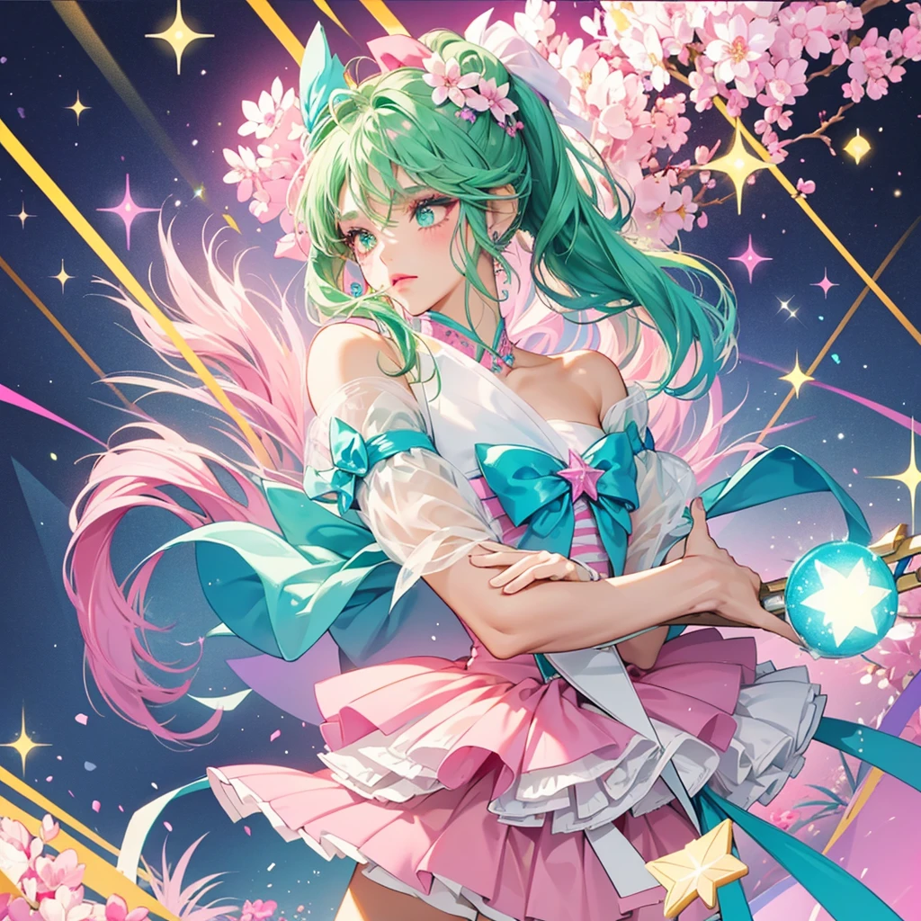 Cheer Diva has tan/medium skin-tone with green eyes and mel hair tied into a ponytail with a blue and pink bow to accessorize. Her makeup consists of white graphic eyeliner and pink lipstick. SPARKLE; GLITTER estilo.Sakura card captor