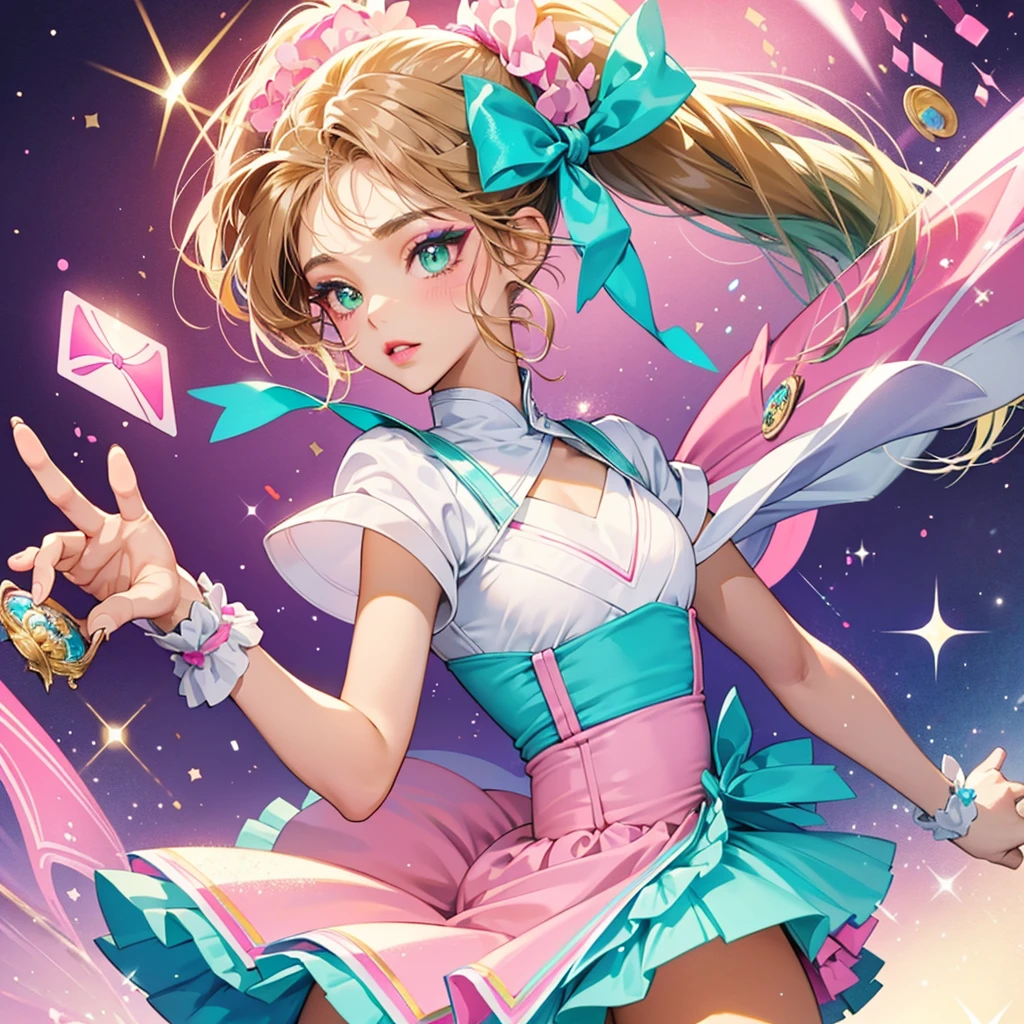 Cheer Diva has tan/medium skin-tone with green eyes and mel hair tied into a ponytail with a blue and pink bow to accessorize. Her makeup consists of white graphic eyeliner and pink lipstick. SPARKLE; GLITTER estilo.Sakura card captor