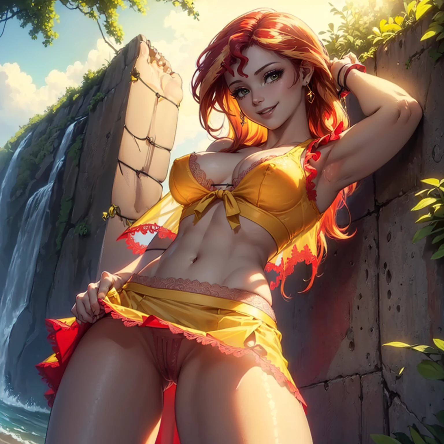 (((beautiful female body))),(((sunsetshimmer as a sweet charming hot seductive horny model))) ,(((red and yellow color hair))),(((lean to wall hold a lace skirt with hands)))), (((outdoor))),(((sea in background))),(((lewd and erotic posing))), (((happy wicked smile))) ,(((wear light yellow red sheer lace transparent see through very short bra))) , (((((upskirt view))))) , breasts are visible ,golden bracelets , (((perfect big breasts))) , lush breasts , Bulky Breasts , voluminous breasts ,(((peeping the viewer))),(((bare belly))),(((side close upskirt view)))