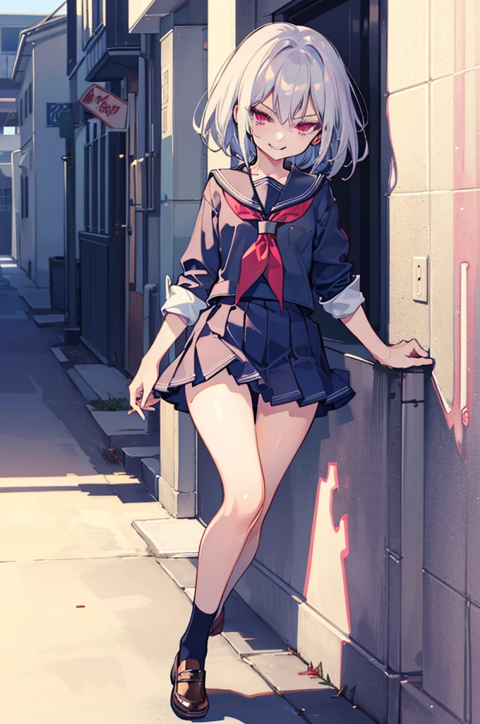 (Ideal:1.2), (perfection:1.2), (highest quality:1.2), (best quality:1.2), (detailed:1.1), alley 1girl, sexy body, (evil smirk:1.2), (loli:1.1), naughty, (school uniform:1.1), detailed body, sexy thighs, small breasts, short hair, high quality eyes, 4K, highest quality resolution, best quality resolution, best quality upscale, flawless 