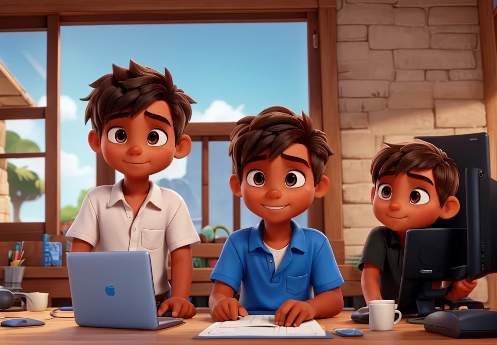 2 brother, slightly tanned skin, gamer, baby brother and a bigger one, playing on the computer, slickedback hair